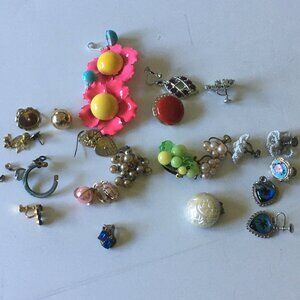 Vintage junk earring lot enamel pink flower earrings clip on screw back pierce